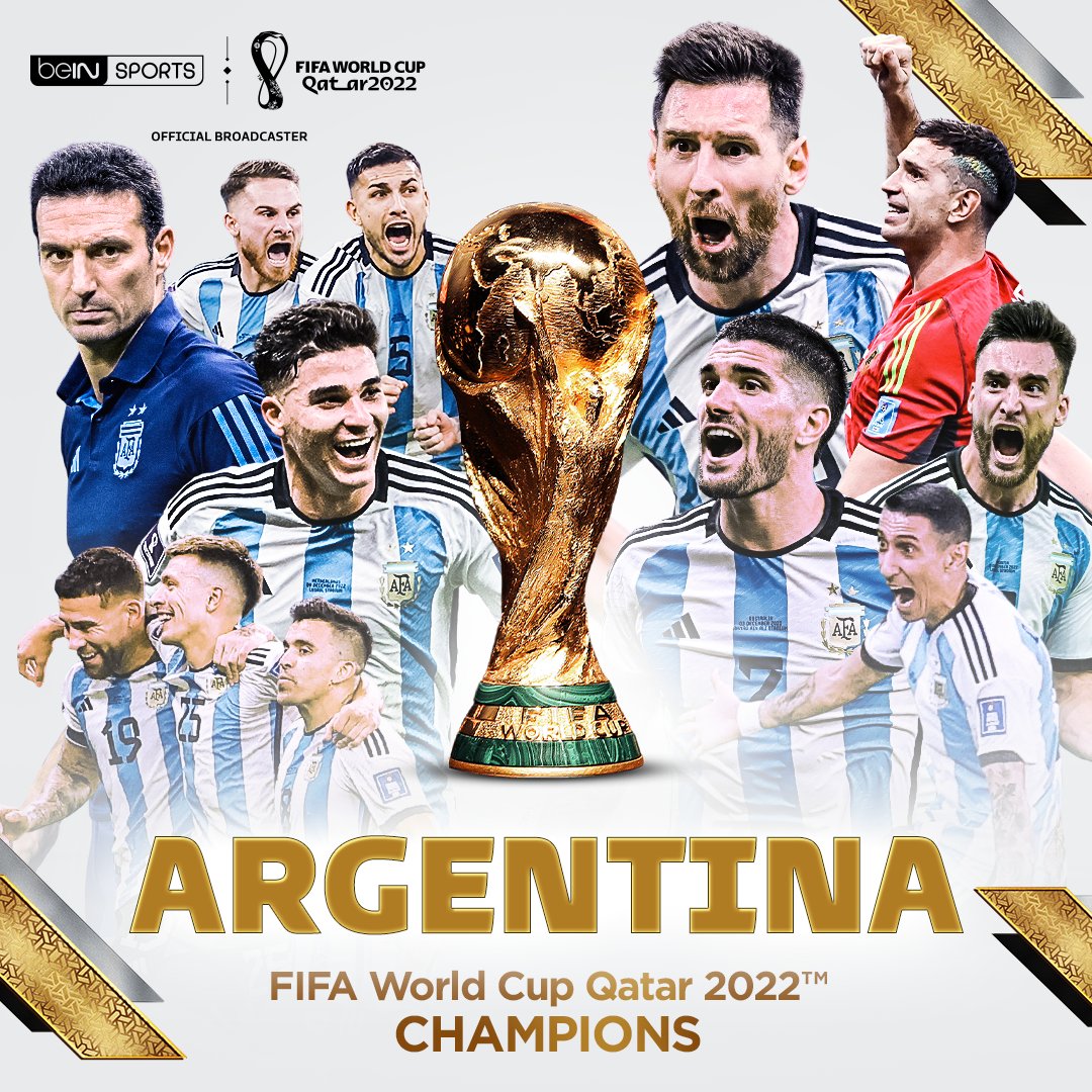 beINSPORTS_EN's tweet photo. 🇦🇷 𝗖𝗔𝗠𝗣𝗘𝗢𝗡𝗘𝗦 🏆

@Argentina win the penalty shoot-out 4-2 to claim their third @FIFAWorldCup title!

#FIFAWorldCupFinal #Qatar2022 #ARG https://t.co/8LLUQhGnIf