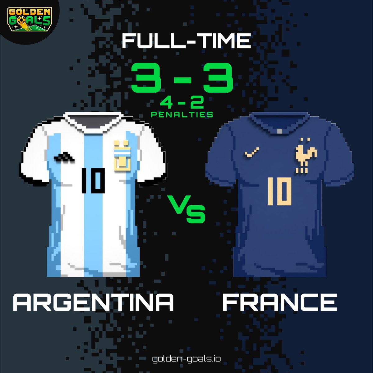 FULL-TIME!!

<a href="/Argentina/">🇦🇷 Selección Argentina ⭐⭐⭐</a> Argentina 🇦🇷 3(4) - 3(2) France 🇫🇷 @fff

Argentina 🇦🇷 won the World Cup 2022

#WorldCup #ArgentinaVsFrance #NFT #goldengoals #Qatar2022 #ARG #FRA