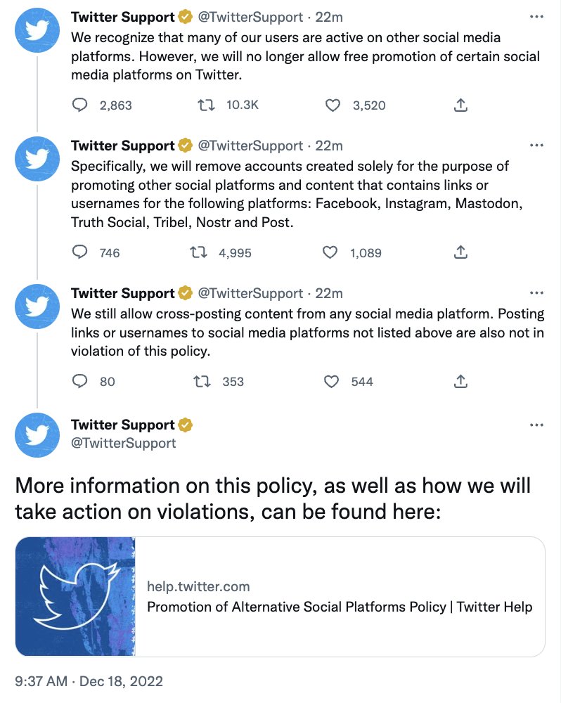 Twitter is now BANNING accounts that post links to other social media platforms. You're no longer even allowed to tweet out what your username is on other sites.

You basically need an attorney to let you know what you can and cannot tweet.

This is unprecedented censorship.