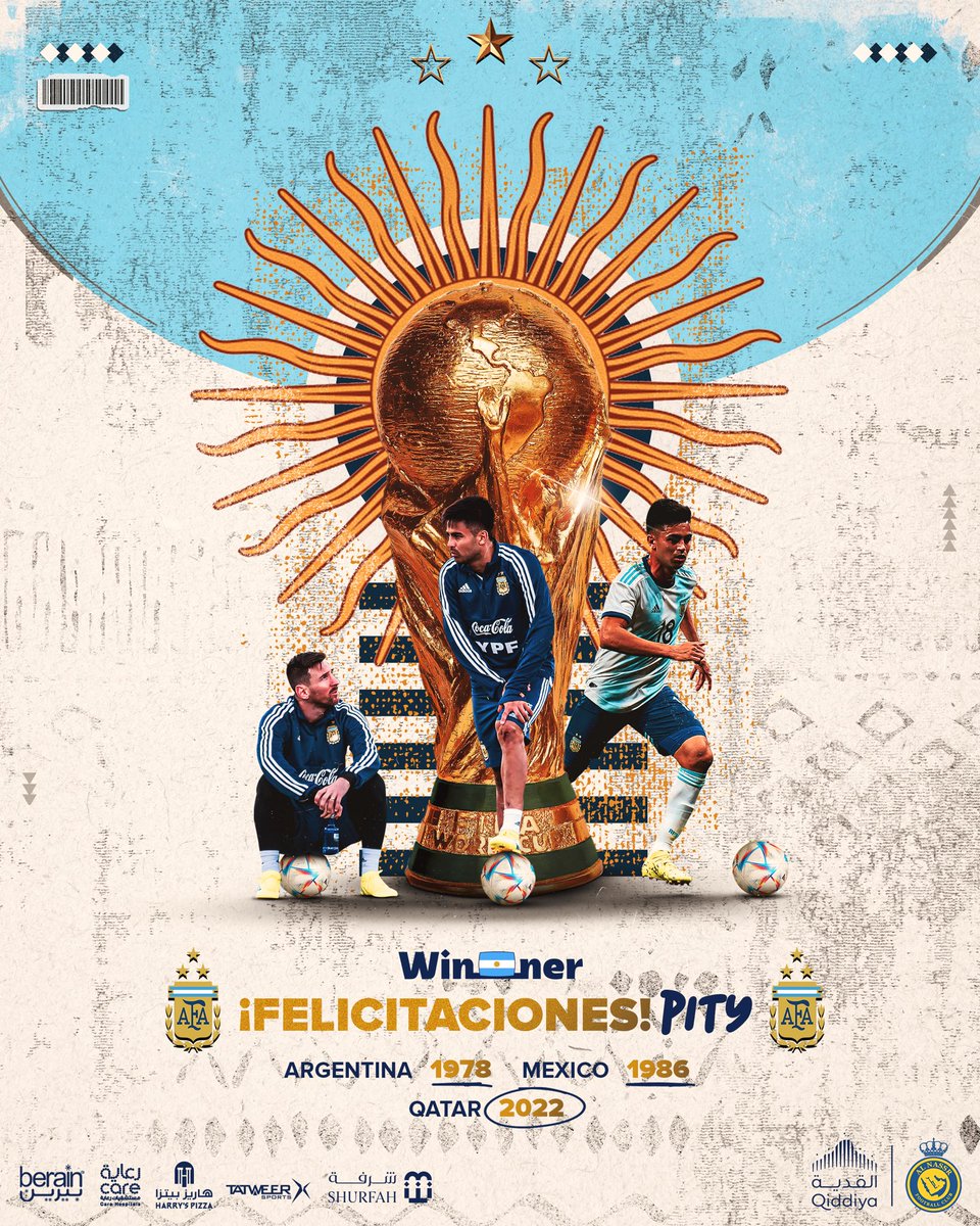 To All Argentinian people 🇦🇷
To All Argentinian who represented <a href="/AlNassrFC/">نادي النصر السعودي</a> 🙏💛
To our Star Pity Martinez 🤩

Congratulations on your 3rd #FIFAWorldCup 👏🤩🇦🇷