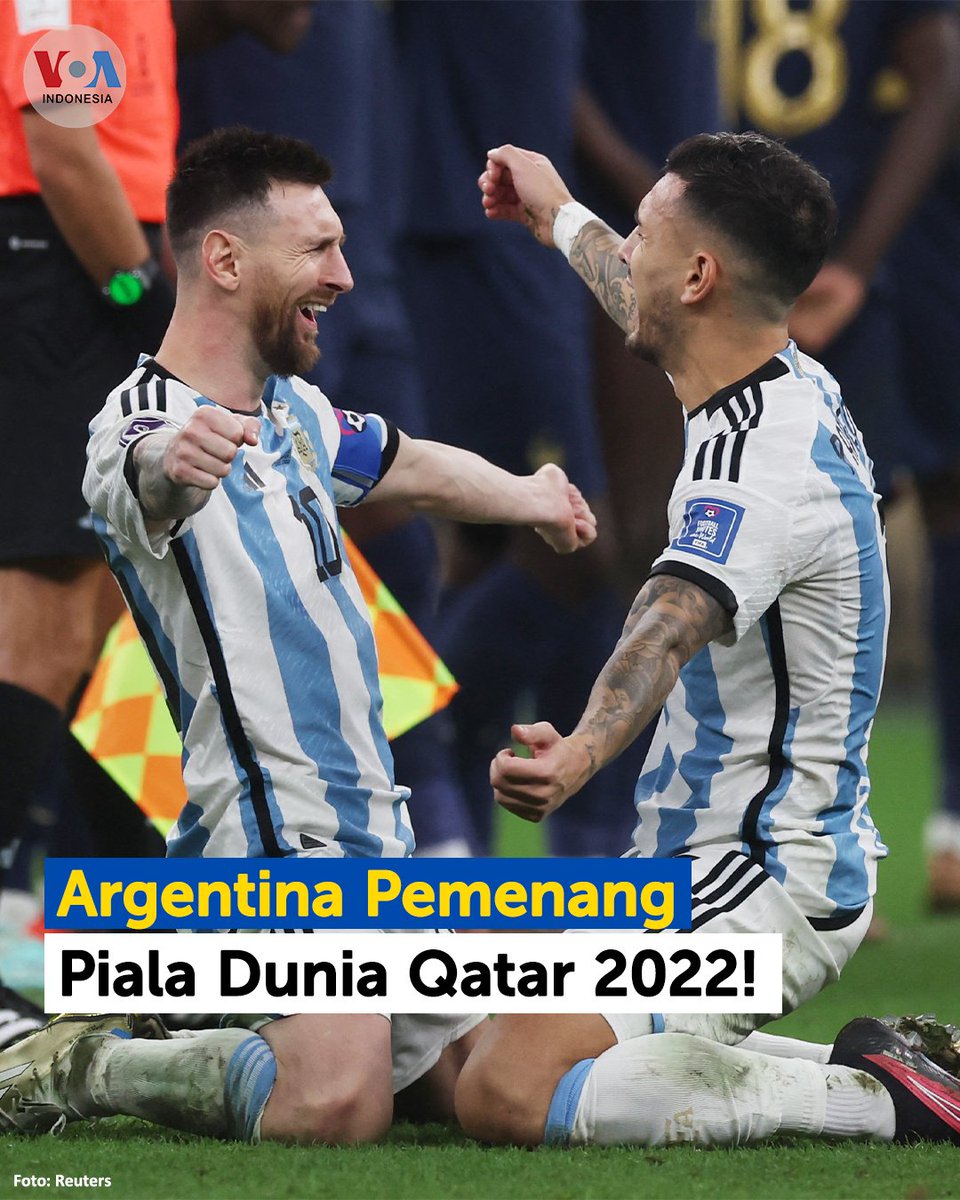 Gimana reaksi kalian gaes? Senang atau sedih?

Argentina menang melawan Prancis dengan skor adu penalti 4-2 dalam pertandingan babak final Piala Dunia FIFA Qatar 2022 di Stadion Lusail pada 18 Desember.