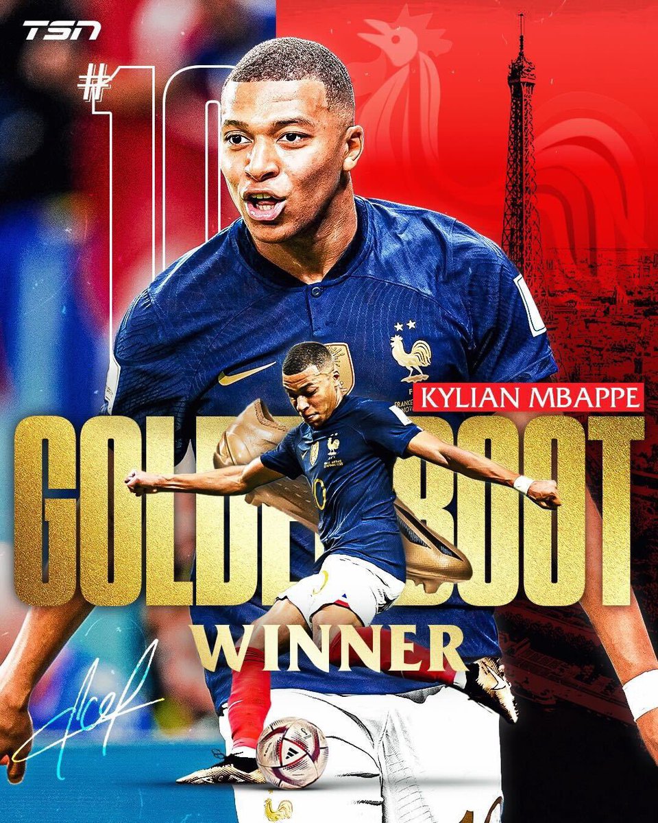 TSN_Sports's tweet photo. In a heartbreaking defeat, Kylian Mbappé records a hat trick to secure the Golden Boot for most goals at the World Cup. 🇫🇷 

#FIFAWorldCup https://t.co/rDbySeaSMd