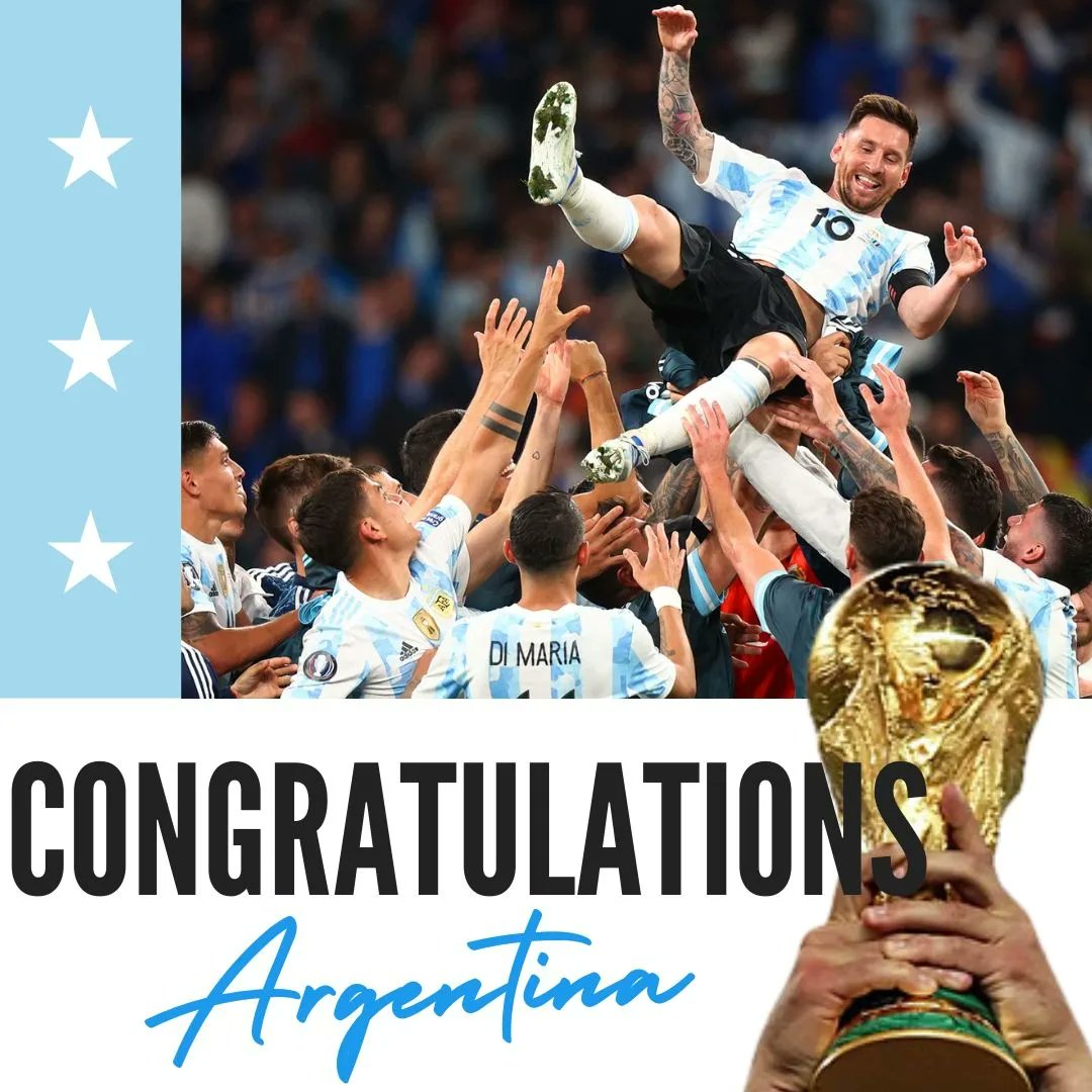 Iyare4President's tweet photo. Congratulations Argentina 🇦🇷, Lionel Messi, and millions of supporters across the world.

That was a hard fought battle worth every minute, sweat, and hard work. Huge credit to Kylian mbappe. 

Football ⚽️ is the greatest! 
#WorldCup #FIFAWorldCup    #ARGFRA #WorldCupFinal https://t.co/PJlWOfx680