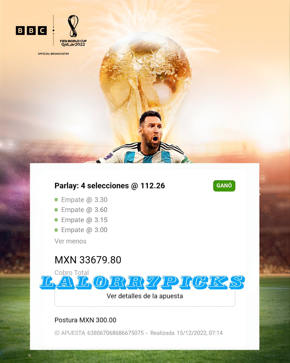 Lalorr7Picks's tweet photo. #Argentina Campeón del mundo🏆

COMENTA TU CUENTA DE BANCO Y DALE 🔄  
ELIGIERE 20 AL AZAR 
a los 500🔄RT Empiezo a mandar las transferencias
SUERTE 

#Messi𓃵 #Messi #Mbappe #FIFAWorldCup #FIFAWorldCupFinal #CopaMundialFIFA #MundialQatar2022 https://t.co/dbL3xea9JB