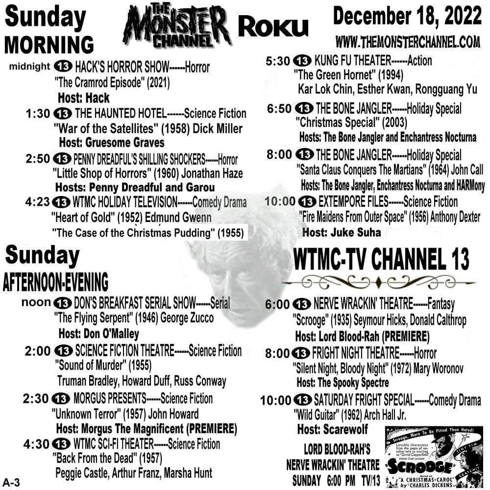 thestevestrout's tweet photo. Today's schedule (Sunday December 18th) for The Monster Channel is here! Be sure to watch for the Steve & Crypto Show promo while viewing! #SupportHorrorHosts #HorrorHost #SteveAndCryptoShow #promotehorror #TheMonsterChannel #RT https://t.co/9I7pLa1V90