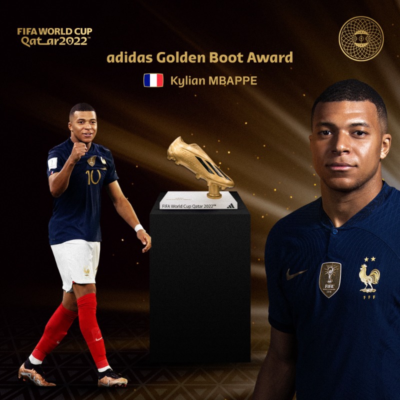 FIFAWorldCup's tweet photo. The @adidas Golden Boot Award goes to Kylian Mbappe! 👏

#Qatar2022's top goalscorer 📊