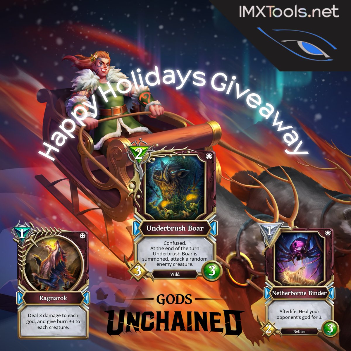 🔁Like, follow and retweet 
✍️Comment your player ID
🎮Join our Discord discord.gg/s6WWw2jbhs
❤️Buy or Sell a card on IMXTools.net 

to join our GIVEAWAY &amp; win <a href="/GodsUnchained/">Gods Unchained</a> cards

👍Underbrush Boar
✌️Ragnarok
🤟Netherborne Binder

Winners tba in Discord on Dec 30th