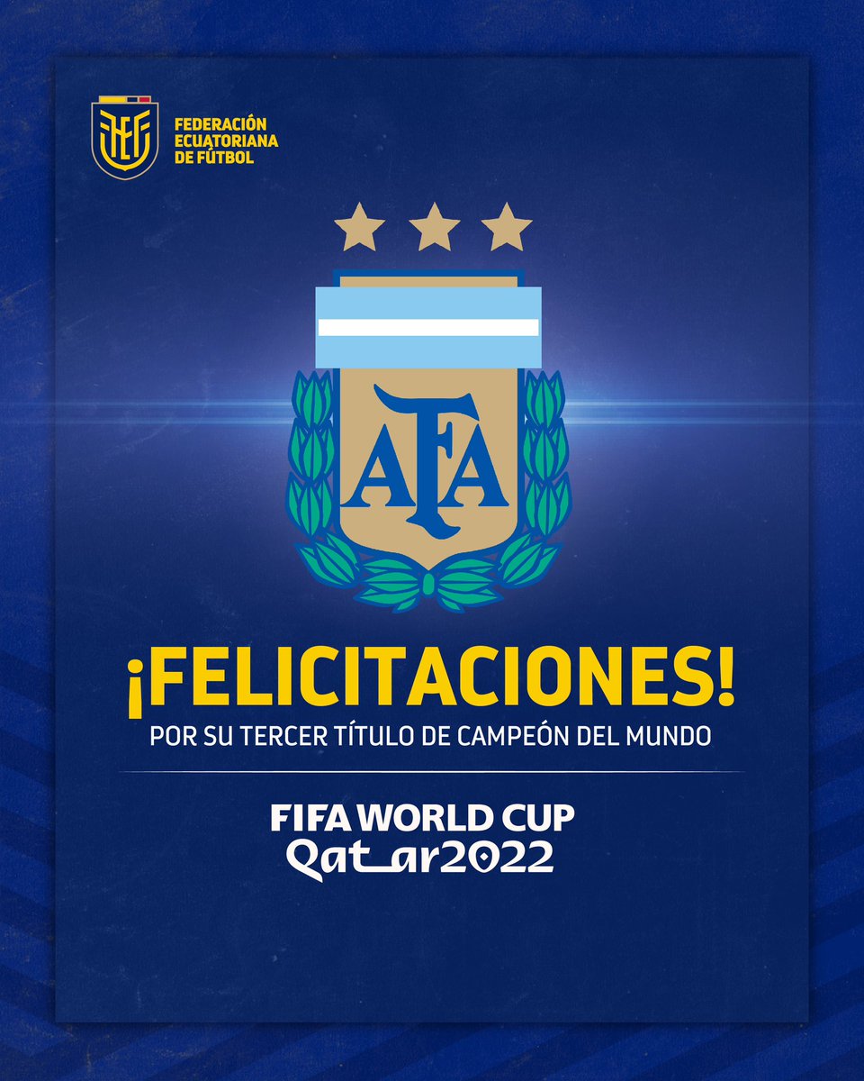 🙌 ¡El orgullo de nuestro continente!

👏 Felicitaciones a la fraterna <a href="/afa/">AFA</a> y todo el pueblo argentino por consagrarse campeones de la <a href="/FIFAWorldCup/">FIFA World Cup</a>

🤩 ¡Gracias por darle más prestigio a nuestro querido fútbol Sudamericano!

#ArgentinaCampeón