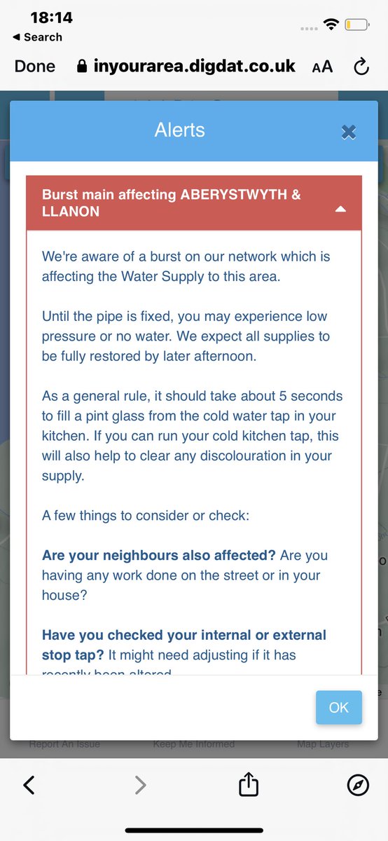 Squeekie95's tweet photo. @DwrCymru any idea when the water is coming back on in the aber/llanon area as per your website says later afternoon. Thanks https://t.co/sovKH8ZSdm