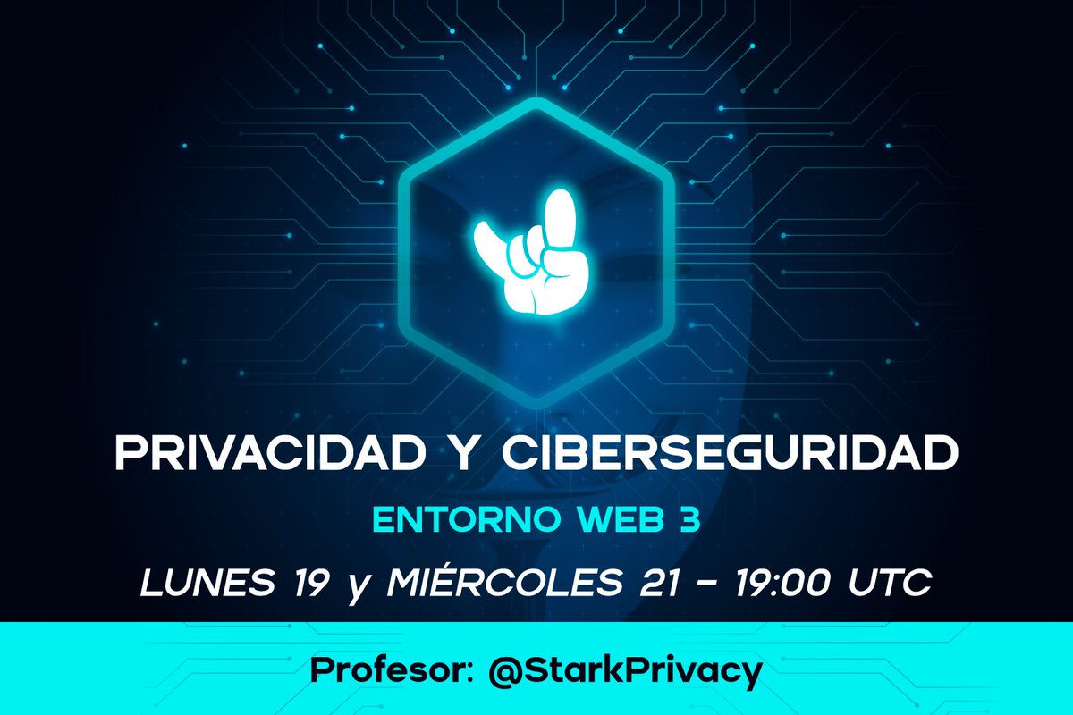 Clases 3 y 4 del curso de Privacidad y Ciberseguridad confirmadas ☑️

🆓Acceso: Libre y gratuito
🏛️Espacio: discord.com/events/1029371…
👨‍🏫Profesor: <a href="/StarkPrivacy/">Stark</a>
 🇪🇸Idioma: Español
📅Fecha: Lunes 19 y Miércoles 21 - 19:00 UTC (20:00 España peninsular)

#ciberseguridad #privacidad