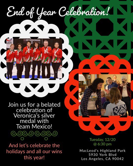 Join fellow curlers on Tuesday 12/20 at 6:30pm at MacLeod’s in Highland Park to celebrate the holidays and toast Veronica and her Silver Medal with Team Mexico!
