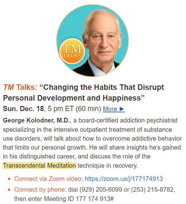 AislingASwift's tweet image. The #founder of @kolmacrecovery will talk about how to overcome #AddictiveBehavior that limits #PersonalGrowth and discuss how #TranscendentalMeditation can help with #recovery. 

► zoom.us/j/177174913
► 929-205-6099 ID 177 174 913#
INFO: bit.ly/ImproveHappine…
