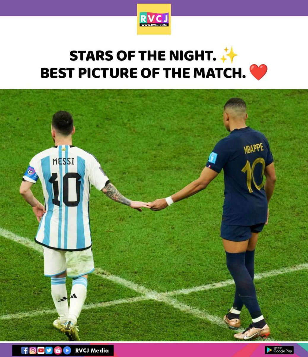 mayank_off's tweet photo. What an intense match that was 🔥🔥
1st pic defines the G.O.A.T #Messi𓃵  who got the world cup final win in his last match.
2nd pic shows that these 2 amazing players #Messi #Mbappe𓃵 proved themselves the stars of the night.
#FIFAWorldCup #ArgentinaVsFrance #WorldCupFinal https://t.co/9TCHvaPDEj