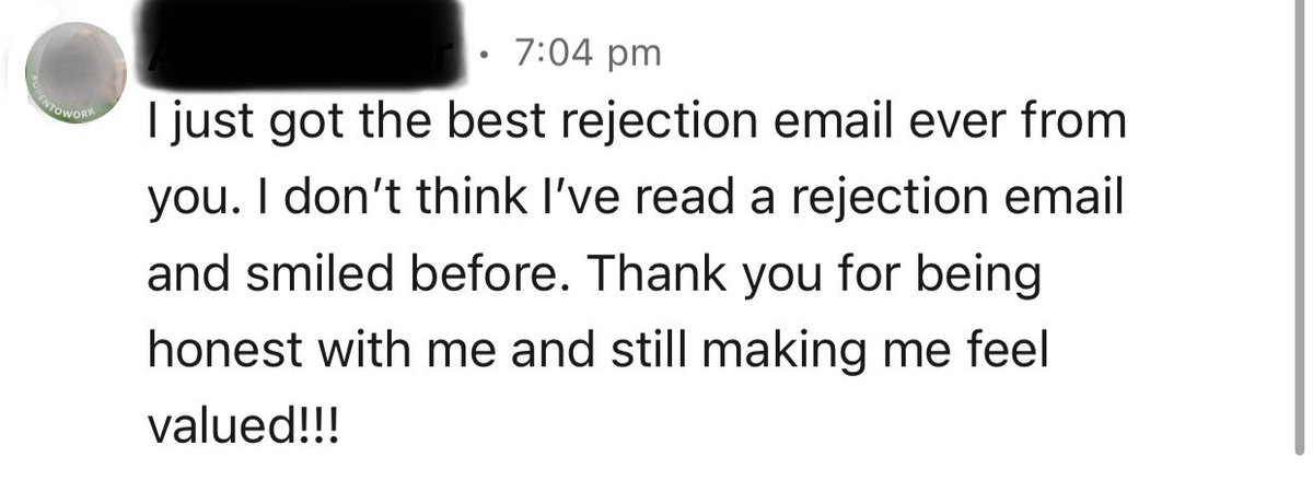 Saying “thank you” is easy when we’re getting something we want. 

When was the last time you thanked someone for giving you bad news? 

A courageous job seeker did just that after applying and hearing she wasn’t moving forward (this time). 

#TabTheRecruiter