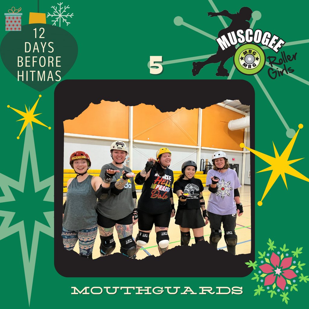 ChattValleyRD's tweet photo. 🎵
On the fifth day before Hitmas, my roller derby team gave to me:
5 mouthguards
6 penalties
7 officials officiating
8 new wheels
9 local teams
10 skaters on the track
11 bumps & bruises
And 12 stinky wristguards
#Hitmas
#RollerDerby #ColumbusGA #RollerSkating #RollerSkat… https://t.co/odUfzEwyic