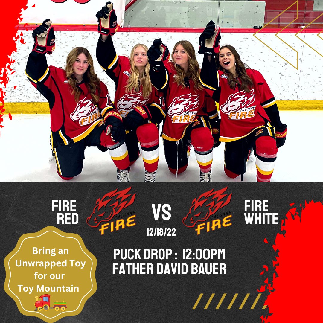 It’s the biggest game of the year! Come cheer on the fire!🔥🏒

🕰️ - 12:00pm 
🆚 - <a href="/CalgaryFireMaaW/">Calgary Fire MAA White</a> 
🏟️ - Father David Bauer Arena
📺 - HockeyTV

Also collecting unwrapped toys for your local Calgary Emergency Woman’s Shelter 🧸🏠