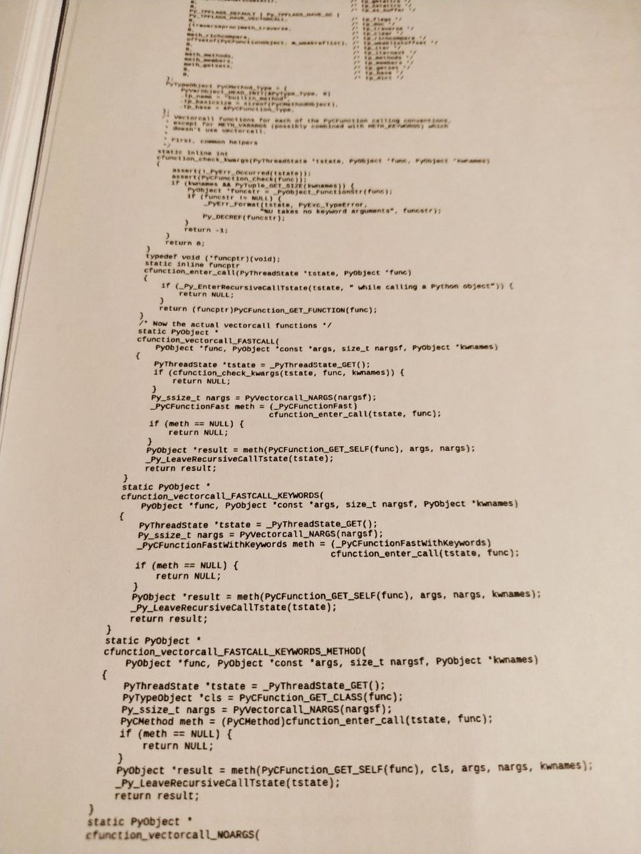fsyscall's tweet image. Reading the CPython source as a hard copy, it's a great pleasure! / CPython kaynak kodunu basılı kopya olarak okumak büyük bir zevk! #CPython #Python