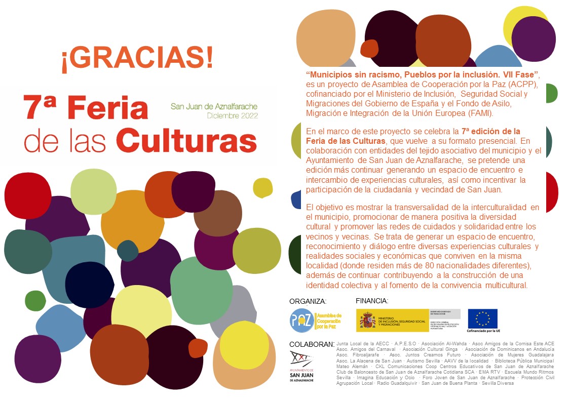 FeriaCulturasSJ's tweet photo. 🙌🙌🙌GRACIAS a todas las personas y colectivos de San Juan que han participado en las actividades #Multiculturales de la 7ª Feria de las Culturas de #Analfarache
!Nos vemos en la próxima edición!
#FeriadelasCulturas #diversidad #convivencia #interculturalidad #DiadelMigrante https://t.co/75wbeHCaKY