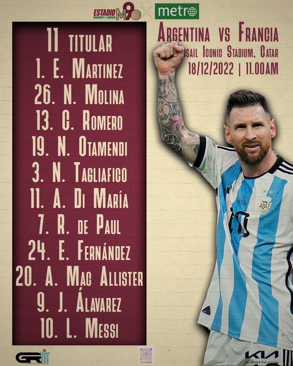 EstadioM90's tweet photo. 🟡 - ¡LISTOS LOS XI!👊😱

Scaloni 🤜 sorprende con la titularidad de Di María y el clásico 4-4-2 de la albiceleste. Mientras, Deschamps utiliza su once de gala 🔝para esta gran final. https://t.co/YrBlIpFzF4
