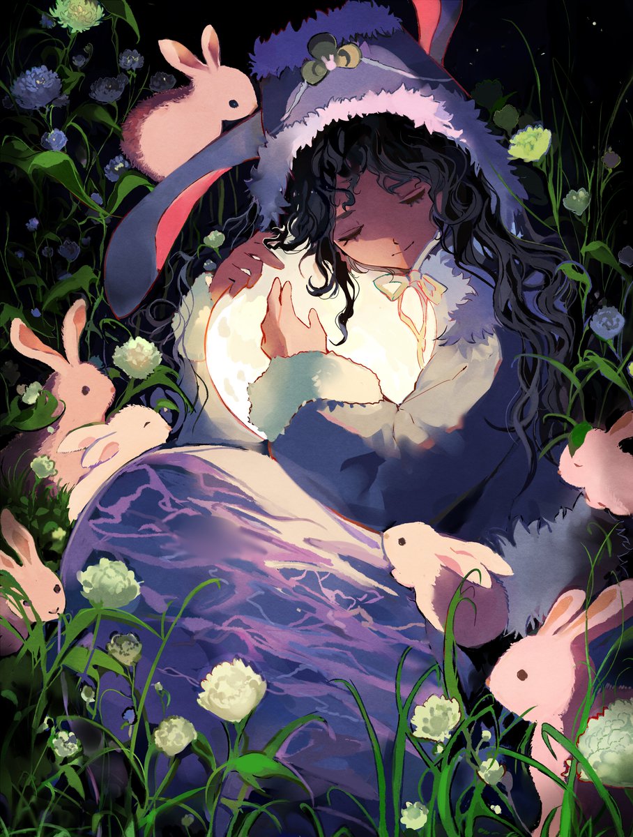 1girl flower rabbit black hair closed eyes long hair solo  illustration images