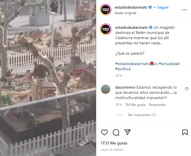 JulianMaciasT's tweet photo. Una vez más diputados de VOX, medios de desinformación financiados con dinero público como Estado de Alarma y supuestos medios policiales como Policía H50 difundiendo un bulo racista.
Os cuento el origen y la difusión del bulo del "magrebí destrozando el belén de Calahorra" https://t.co/AR8z7Kkg34