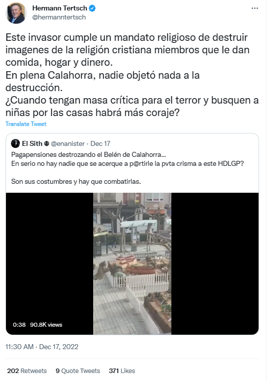 Una vez más diputados de VOX, medios de desinformación financiados con dinero público como Estado de Alarma y supuestos medios policiales como Policía H50 difundiendo un bulo racista.
Os cuento el origen y la difusión del bulo del "magrebí destrozando el belén de Calahorra"