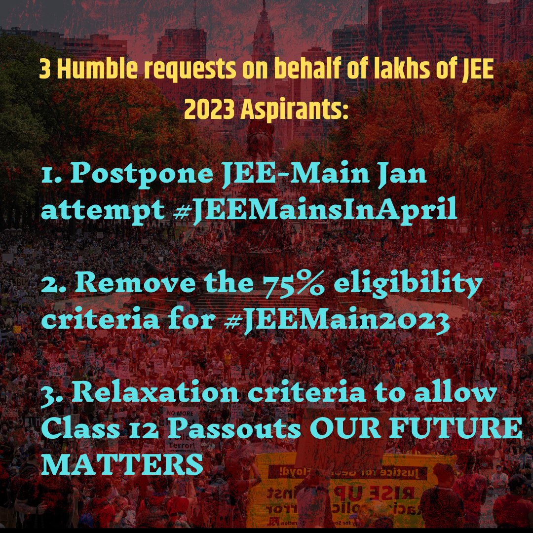 JNSCtweets's tweet photo. #NamoJiHelpJeeAspirants
➡Hardly a months preparation time 
➡Suddenly introduction of unjustified 75% eligibility criteria 
➡Not giving a fair chance to Droppers 

#JEEMainsInApril2023 @DG_NTA https://t.co/anin2SopDa