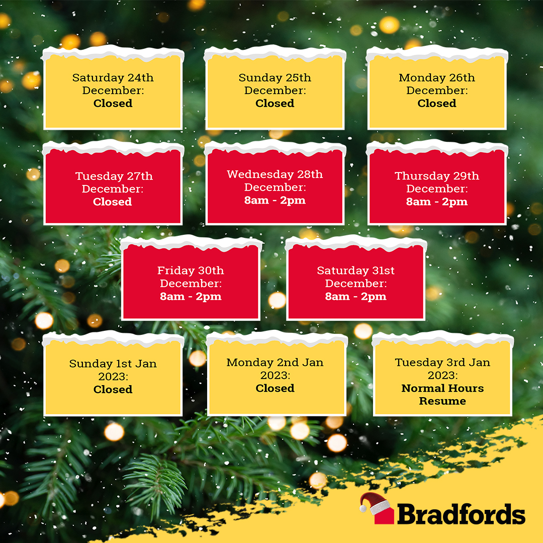 CHRISTMAS OPENING HOURS 🎅 

Please note that our Cinderford, Martock &amp; Penryn branches are closed from December 24th to January 2nd 2023. 

#BradfordsBuildingSupplies