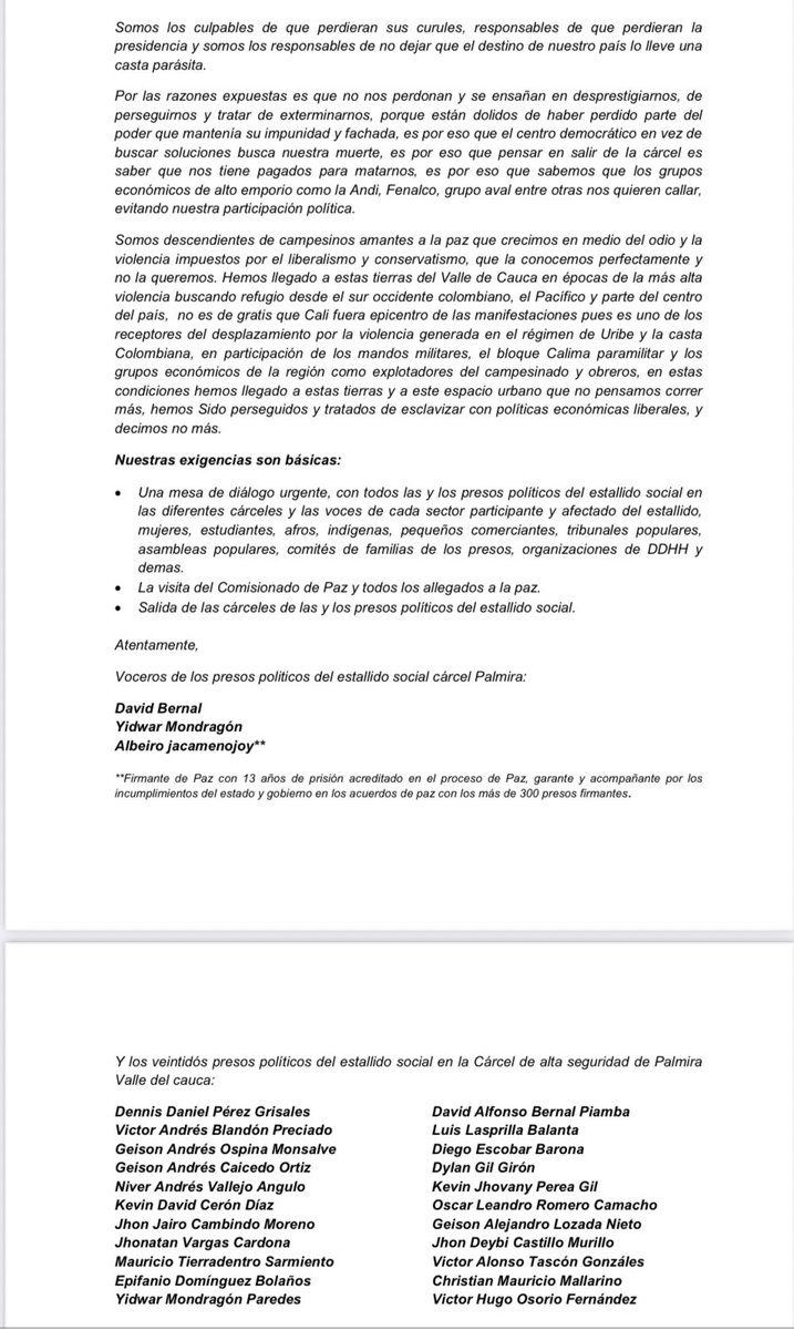 GustavoBolivar's tweet photo. Segunda parte de la carta que los presos políticos por el estallido social nos envían al Pte @petrogustavo, al Comisionado de paz y a varios Congresistas, en aras de alcanzar la paz total.
Favor RTV https://t.co/12bEtU2I8i