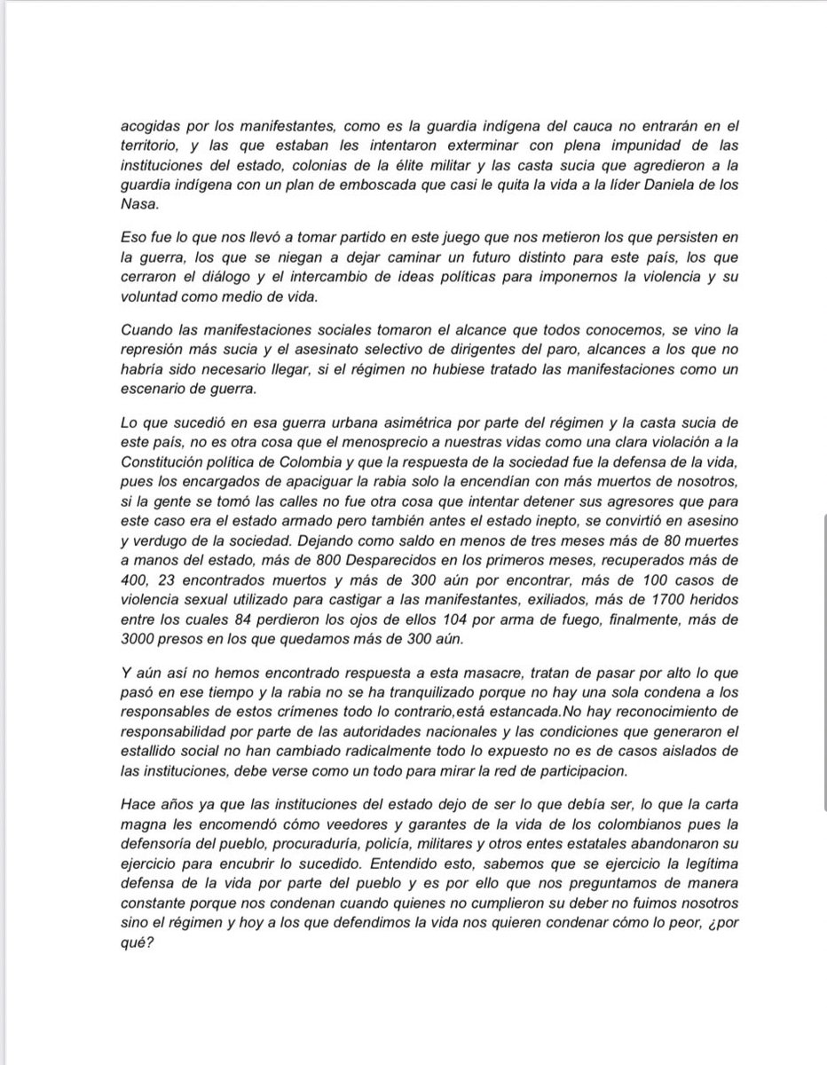 GustavoBolivar's tweet photo. Segunda parte de la carta que los presos políticos por el estallido social nos envían al Pte @petrogustavo, al Comisionado de paz y a varios Congresistas, en aras de alcanzar la paz total.
Favor RTV https://t.co/12bEtU2I8i