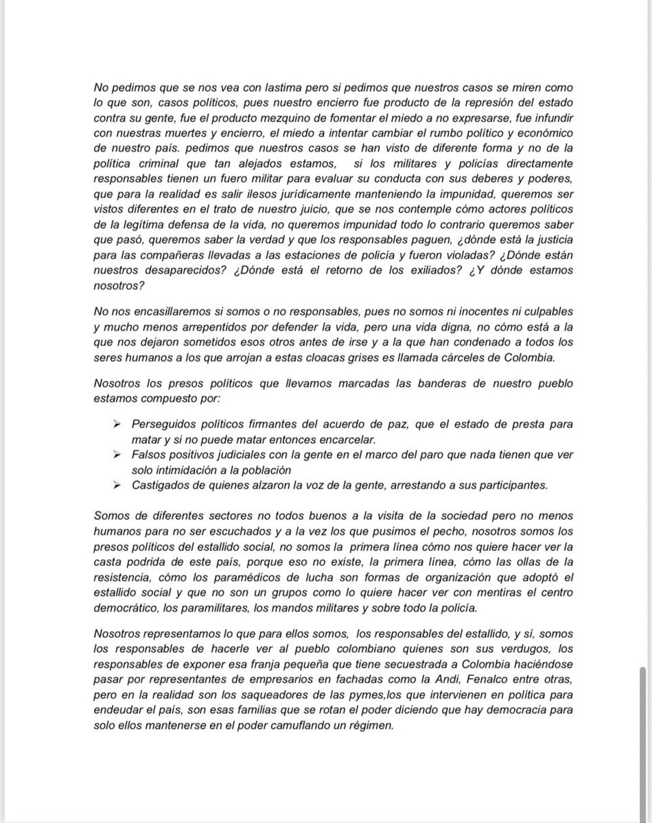 GustavoBolivar's tweet photo. Segunda parte de la carta que los presos políticos por el estallido social nos envían al Pte @petrogustavo, al Comisionado de paz y a varios Congresistas, en aras de alcanzar la paz total.
Favor RTV https://t.co/12bEtU2I8i