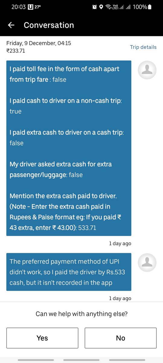 RoninBats's tweet photo. @UberINSupport @Uber Kindly explain how am I to make a digital payment of my bank server is down on a railway station drop early morning 5am... And though I'm trying to explain a cash payment was made for lack of another option, the customer support wants me to pay Rs. 233 more?! https://t.co/g1mKpy4Na5