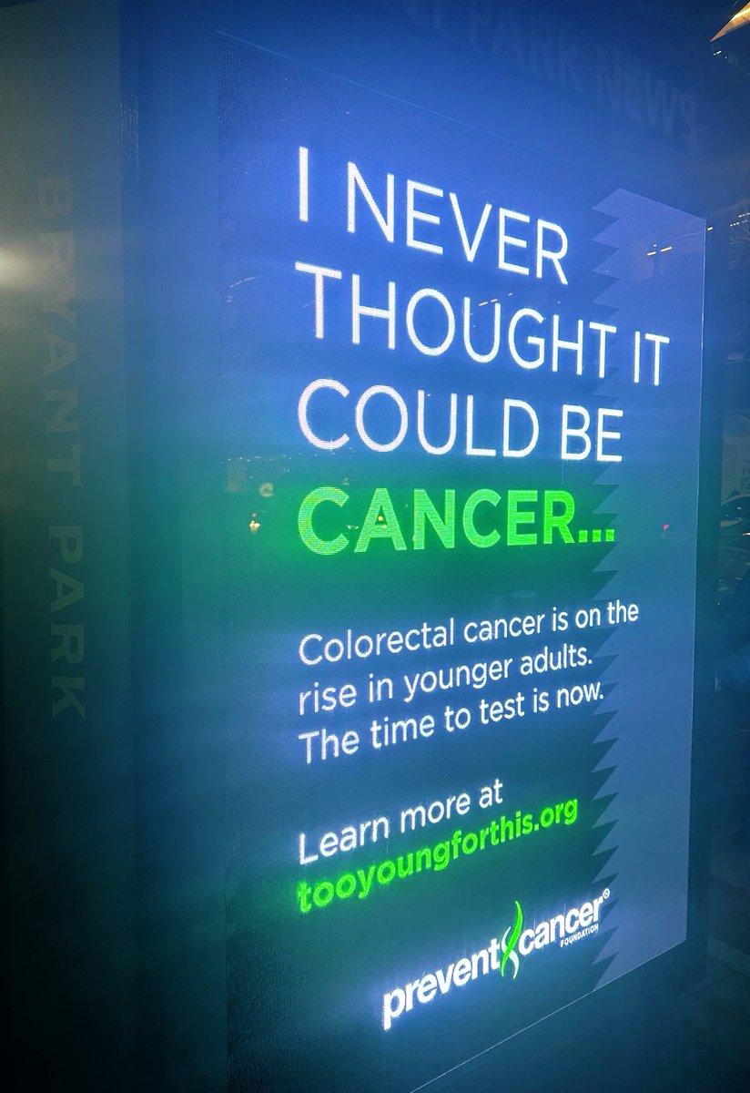 pashtoonkasi's tweet photo. ⚠️Important awareness message.🪧 
Saw this at #TimesSquare last night.

Know the symptoms &amp; seek appropriate care.

Just last week, I saw 4 people from ages 26-39 in my🏥. All were stage-III or IV. Sometimes too late❗️

#CRCSM #ColorectalCancer📈
@preventcancer @OncoAlert #Cancer https://t.co/GFUG4vcS92