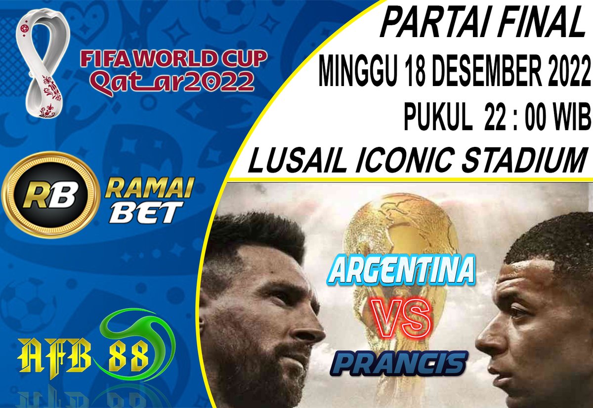 ramaibet's tweet photo. Pasang Taruhan anda Sekarang juga. 20 menit sebelum #FINALPIALADUNIA2022 #PIALADUNIA2022 Mulai !!
Min DP cuma 15ribu.

PREDIKSI MENANG : ARGENTINA

#pialadunia2022 #finalpialadunia2022 #situspasangbola #pasangbola #agenbola #bandarbola #judibola #taruhanbola #WorldCup https://t.co/rsSaHBvefe