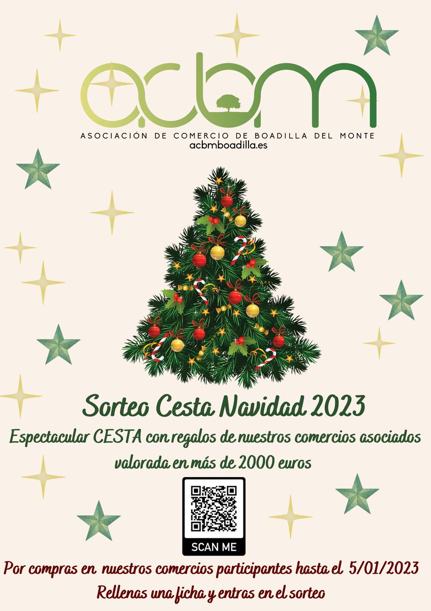 AcbmBoadilla's tweet photo. Estas navidades desde Acbm Boadilla queremos premiar a nuestros clientes con una cesta llena de regalos. Una cesta valorada en más de 2000 euros. Mira los regalos en el QR de la foto  No te lo pierdas!!!!
#acbmboadilla #acbmboadillacesta2023 #yocomproenboadilla https://t.co/OsBxvPjA1K