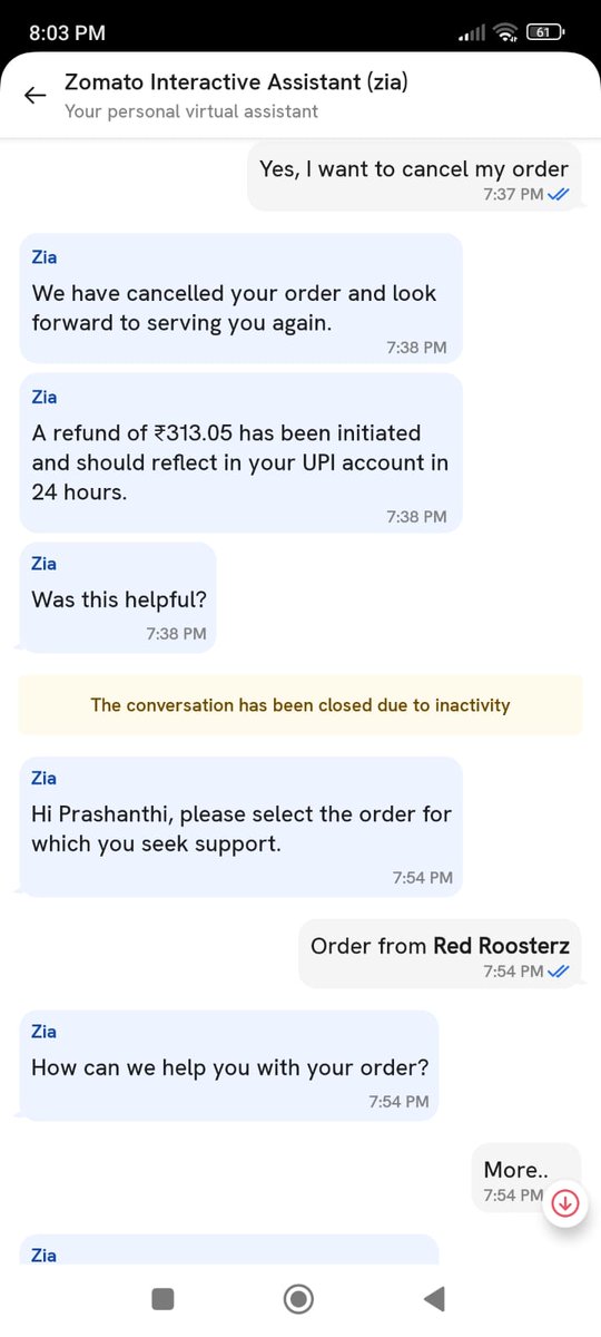 Initially you guys said 313 later 225.
I really feel very bad ordering from Zomato .
I also feel we shouldn't pay money online anymore to Zomato .
So that Zomato won't deduct money for orders.