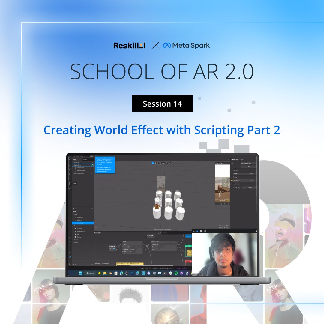 Reskilll's tweet photo. At the School of AR 2.0 today we stepped into the extension of Creating World Effect with Scripting with @krazyykrunal who taught us all about Game design &amp; Assembly, Building VFX, and Multi-Plane Tracking. 

#SchoolofAR2 #Session14 https://t.co/3gV4MtmZau