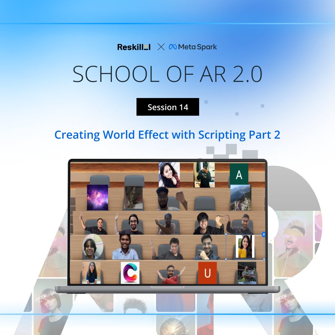 Reskilll's tweet photo. At the School of AR 2.0 today we stepped into the extension of Creating World Effect with Scripting with @krazyykrunal who taught us all about Game design &amp; Assembly, Building VFX, and Multi-Plane Tracking. 

#SchoolofAR2 #Session14 https://t.co/3gV4MtmZau