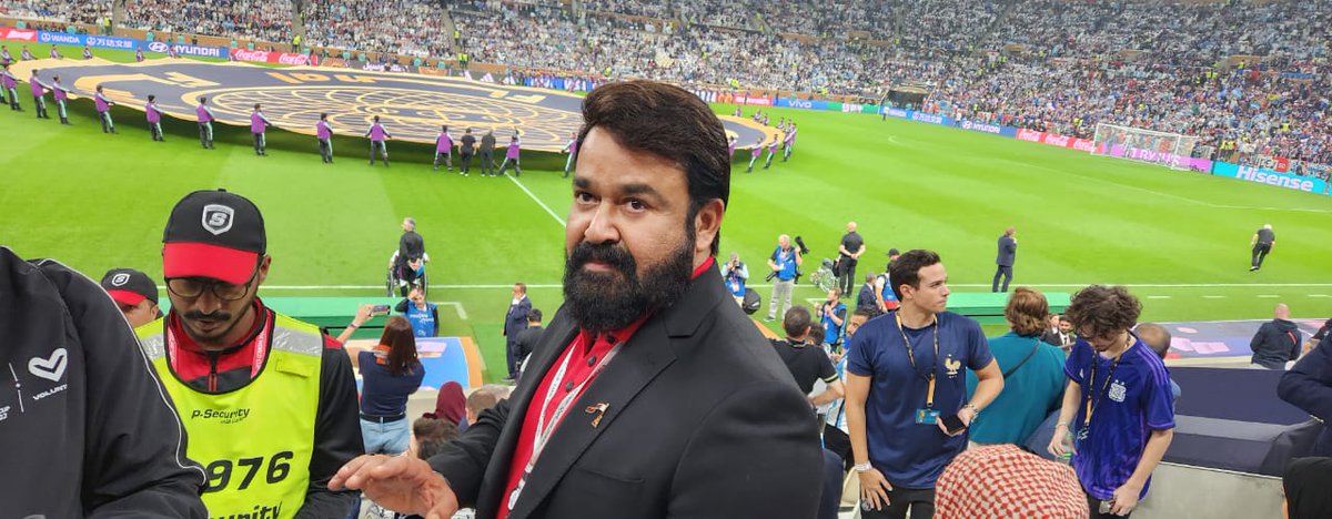 Mohanlal's tweet photo. At Lusail Stadium, joining the world to witness the clash of the titans and partake in the world's favourite madness!
Awaiting a phenomenal and entertaining game from the bests, just like you all!

#FIFAWorldCup  #ArgentinaVsFrance https://t.co/3t3g26YVor