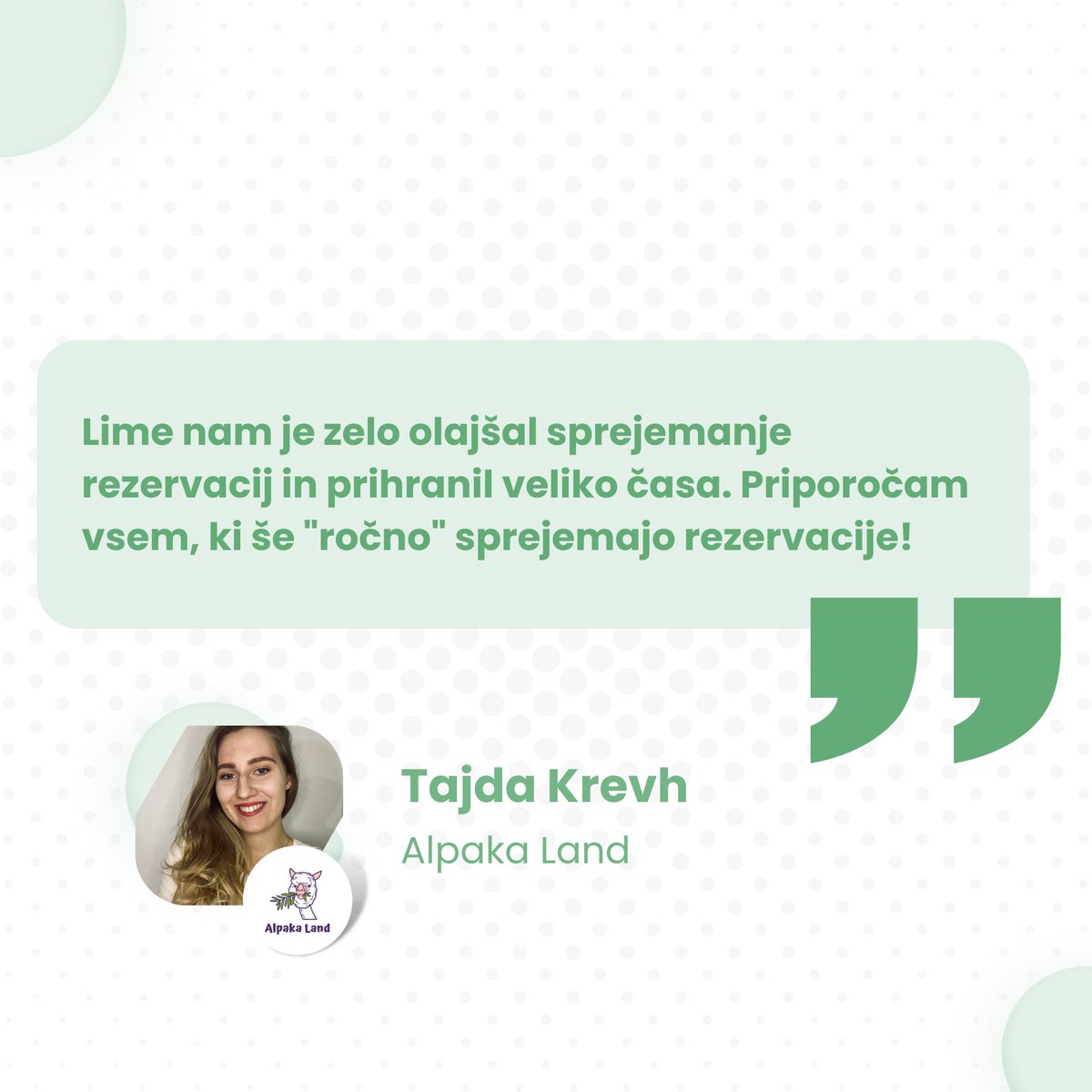 lime_booking's tweet photo. Mnenje Tajde, ki skupaj z Jako in družino ustvarja zgodbo Alpaka Land.

Preizkusite sistem za digitalizirano naročanje strank BREZPLAČNO tukaj: ↗️ https://t.co/JZwSaqeAvh https://t.co/fFmiLZVBF4
