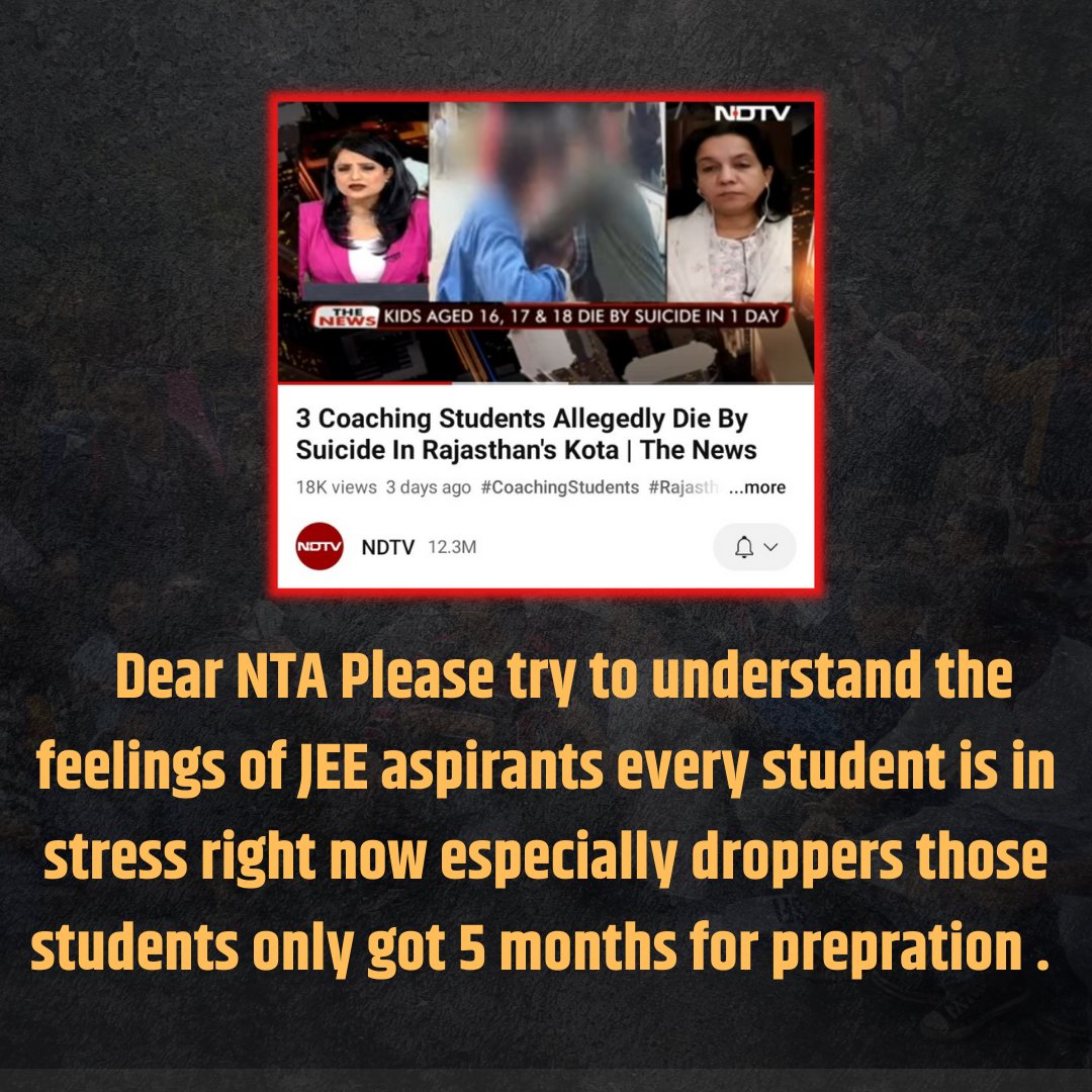 dinee1881's tweet photo. #NamoJiHelpJeeAspirants 
Schedule of #JEEMains released by @DG_NTA is going to put the students in disharmony. Their board exams are clashing with it and putting 75% criteria will deprive lakhs of students from getting admission in top institutions.
NTA should listen the students https://t.co/oqkw4DrFBW