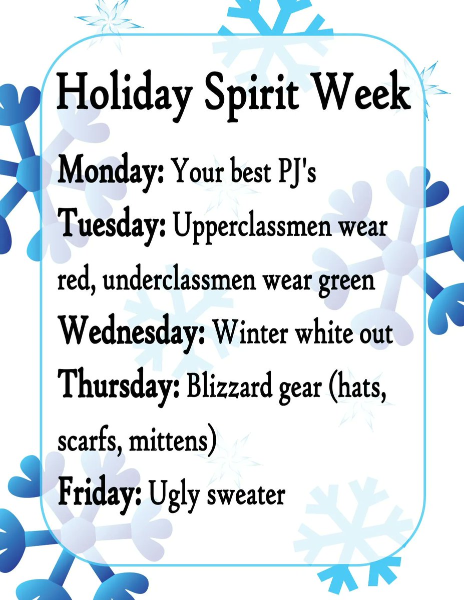Student Council is hosting Holiday Spirit Week this week December 19th through 23rd. Show us your best!  #BeEAST