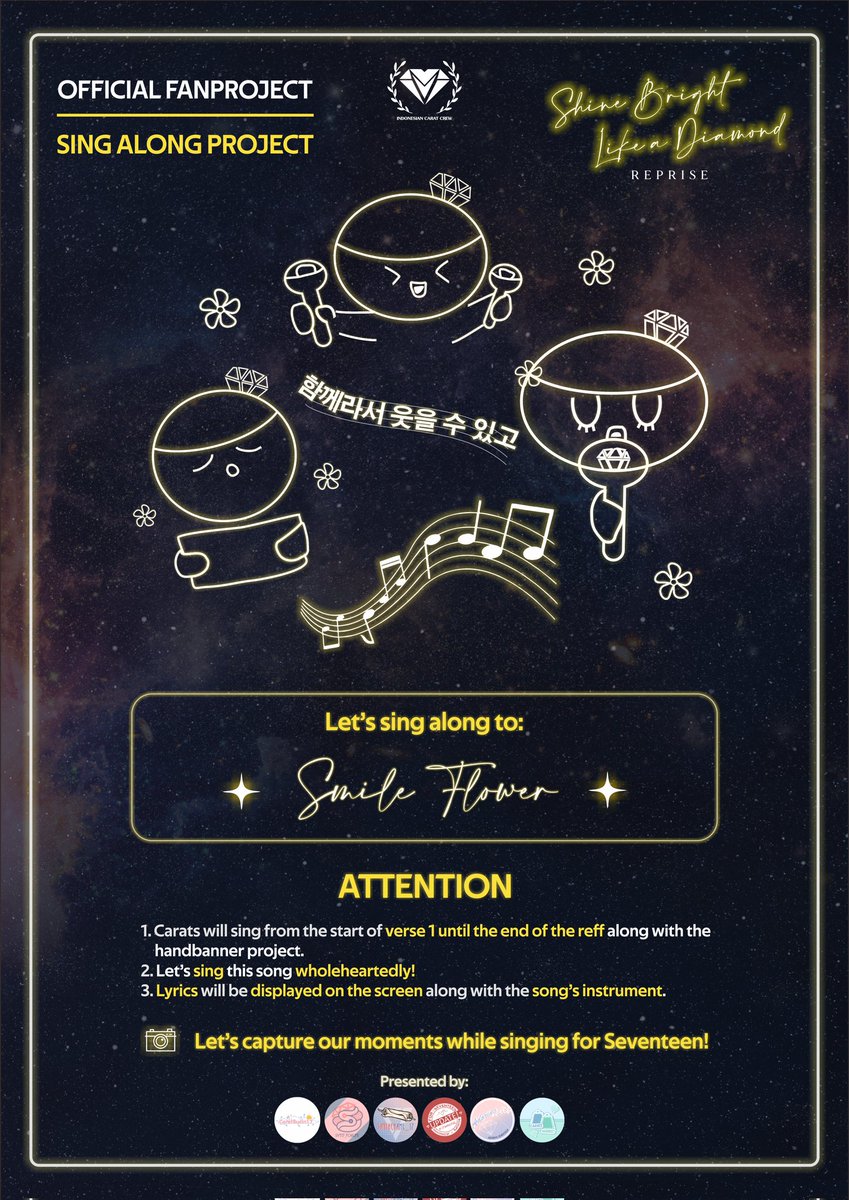 💎 IC CREW PRESENT 💎

 OFFICIAL FANPROJECT #BETHESUNINJKT Additional Show

◆ Sing Along Project ◆
🎤SMILE FLOWER🎤

*Fanproject sudah mendapatkan persetujuan Pihak Management*

Detail project dapat dilihat di poster ya^^ 

Bantu sebarkan project ini ya Carat!!
#SEVENTEEN