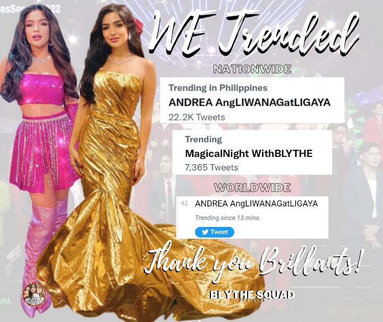 BRILLANTS TWITTER PARTY for #ABSCBNChristmasSpecial2022 

Congratulations Fam! We did it....Cheers for this another successful twitter party🥂. Thank you for joining us since the first part, muwah!

MagicalNight WithBLYTHE

ANDREA AngLIWANAGatLIGAYA