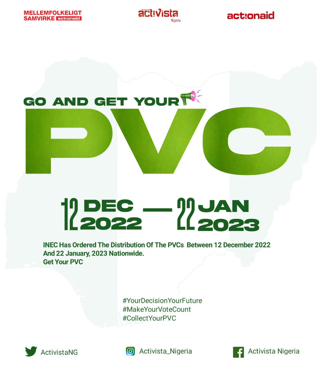 #YourDecisionYourFuture
#MakeYourVoteCount
#CollectYourPVC <a href="/BornoActivista/">Activista_Borno</a> <a href="/Aksactivista1/">Aksactivista</a> <a href="/EnuguActivista/">ACTIVISTA_Enugu🆖</a> <a href="/ActivistaEkiti/">Activista Ekiti</a> @ACTIVISTA14 <a href="/activista_lagos/">Activista Lagos</a> <a href="/ActivistaNG/">ActivistaNigeria</a>