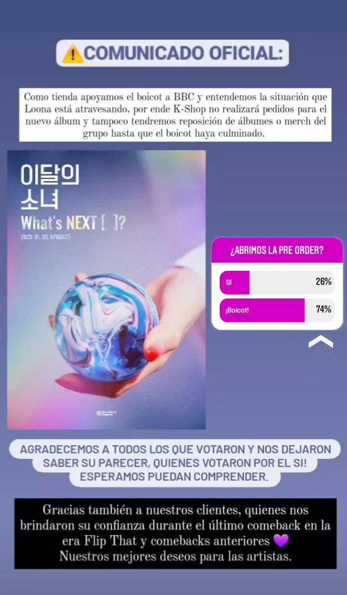 kshop_py's tweet photo. Como tienda apoyamos el boicot a BBC y entendemos la situación que Loona está atravesando, por ende K-Shop no realizará pedidos para el nuevo álbum y tampoco tendremos reposición de álbumes o merch del grupo hasta que el boicot haya culminado. https://t.co/R2yxKjyLSG