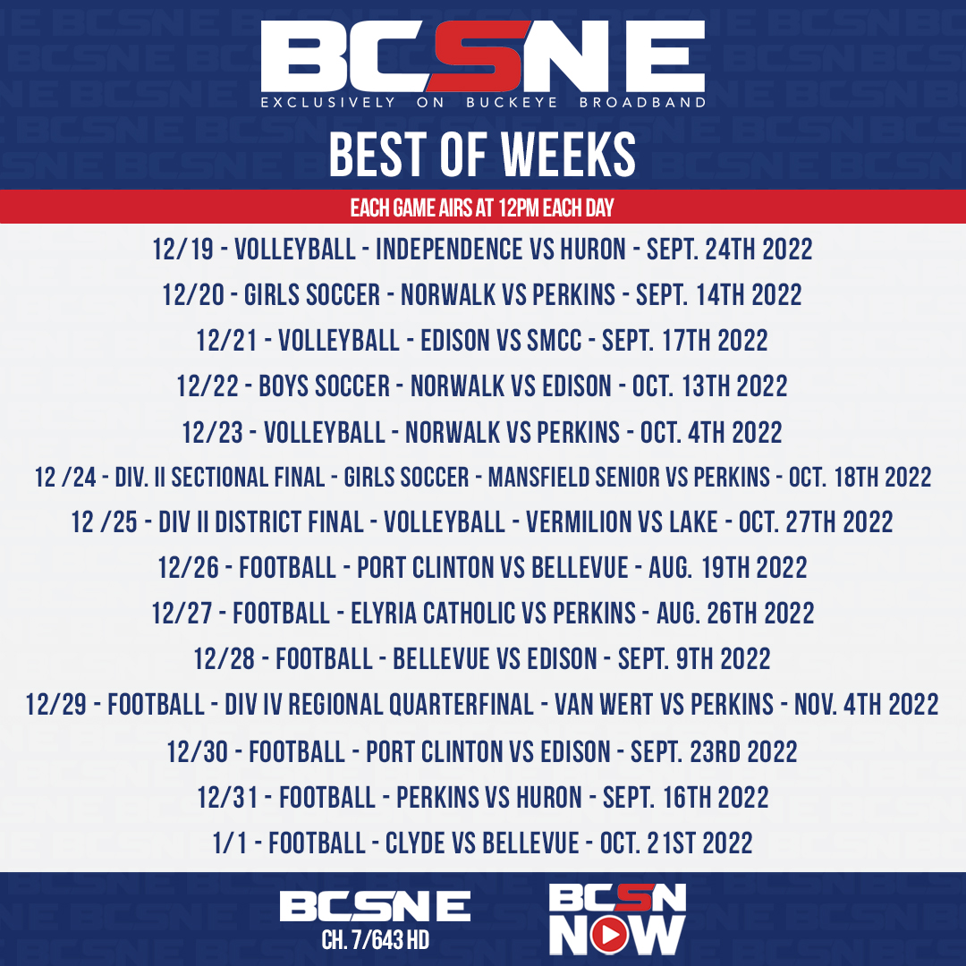 BCSNErie's tweet photo. We have a holiday treat for you! We have compiled a list of games this year that were on the top of our list from the fall sports! This best of weeks starts today and goes on until the first of the New Year. Every game airs at 12PM each day on channel 7 and 643 🤗 #BCSNE https://t.co/ey8B1O7tq0
