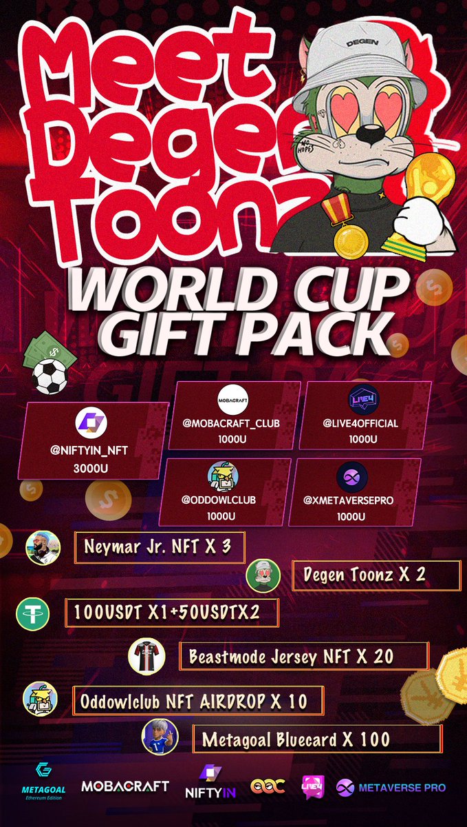 NFTSTAR- MetaGoal Preseason is live now! (@thenftstar) on Twitter photo Today is the day!️⚽️🍻
World Cup Gift Package - Meet <a href="/DegenToonz/">Degen Toonz</a>!
Let's cheers to the World Cup and#MetaGoal Ethereum Edition nftstar.qrd.by/metagoal
🎁Raffle:premint.xyz/NJR8/
Thanks, our sponsors! @niftyin_nft;<a href="/mobacraft_club/">mobacraft.club</a>;@live4official;@oddowlclub;@xmetaversepro Today is the day!️⚽️🍻
World Cup Gift Package - Meet <a href="/DegenToonz/">Degen Toonz</a>!
Let's cheers to the World Cup and#MetaGoal Ethereum Edition nftstar.qrd.by/metagoal
🎁Raffle:premint.xyz/NJR8/
Thanks, our sponsors! @niftyin_nft;<a href="/mobacraft_club/">mobacraft.club</a>;@live4official;@oddowlclub;@xmetaversepro