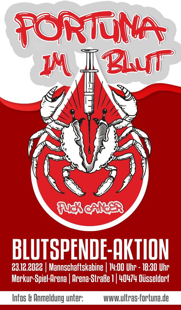 Großartige Blutspende-Aktion von <a href="/f95/">Fortuna Düsseldorf</a> ❤️‍🩹 Am 23.12. in der Merkur-Arena Düsseldorf 👉🏻 …reservierung.blutspendedienst-west.de/oeffentliche-s… So richtig und wichtig, da in DE Blutmangel herrscht! #Fuckcancer
