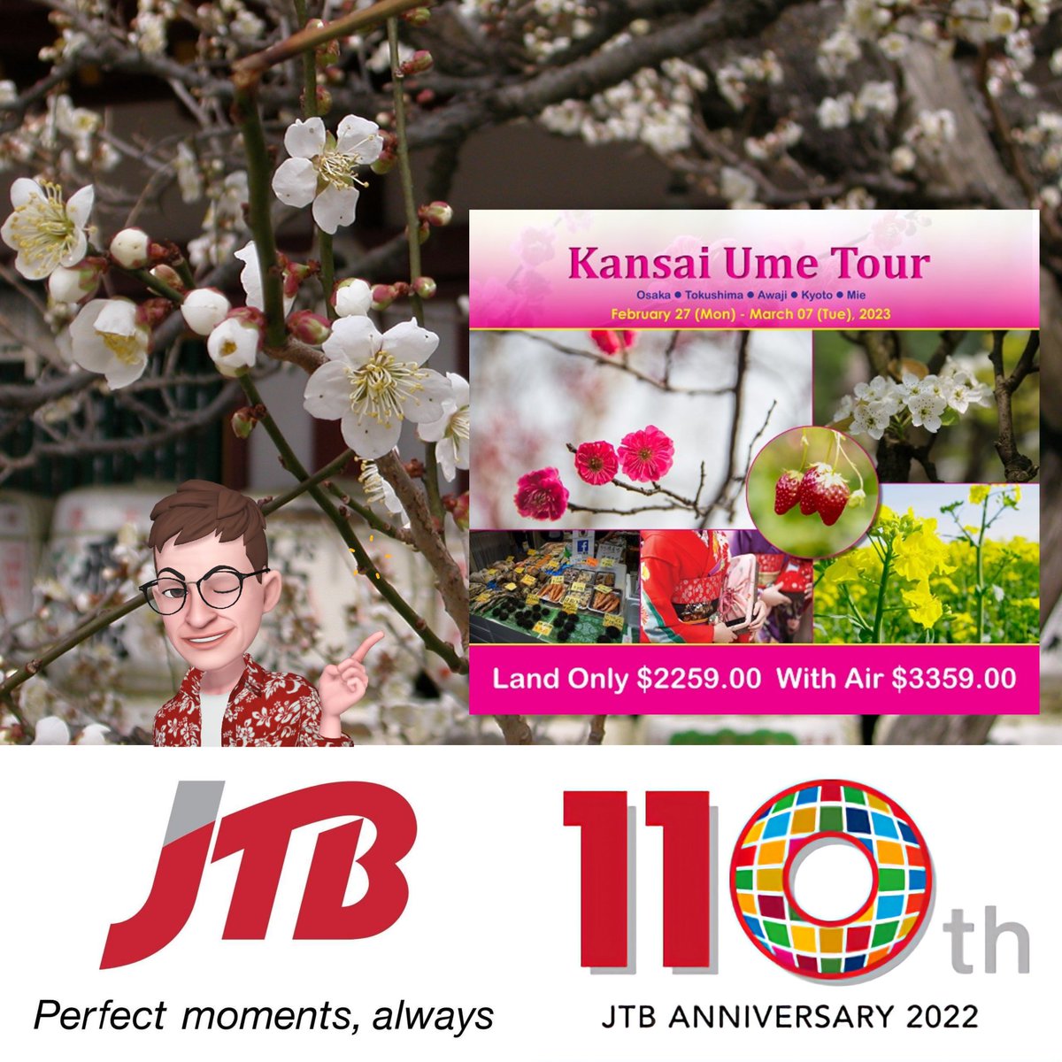 📢 Last chance, only 4 spaces left - sign up now!

Kansai Ume Tour 
Feb 27 ~ Mar 7, 2023
👉 Escorted from Honolulu

jtbusa.com/doc/Print_2023…

#visitkansai #kansai #visitosaka #PlumBlossoms #visitjapan #Japan #osaka #tour